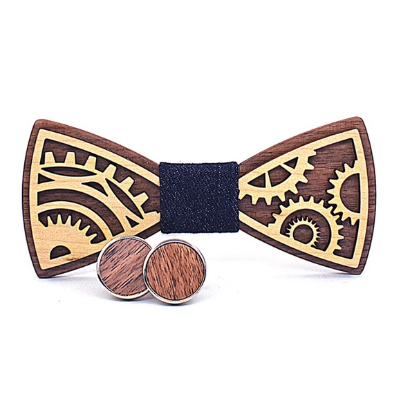 Wooden Gear Bow Tie w/ Cufflinks Set - Picture 6 of 8